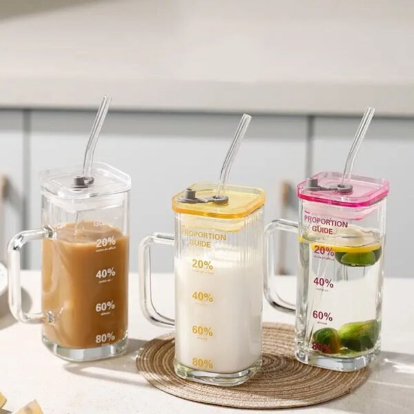 Stylish Square Glass Mug with Straw & Handle
