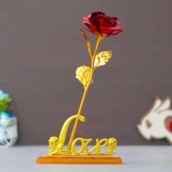eCraftIndia Golden Red Rose Flower with Love Showpiece Rose Day