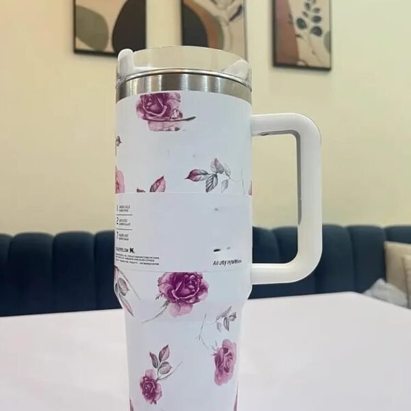 Kiddonindia Floral Pattern Stainless Steel Tumbler with Lid and Straw, Hot and Cold Double Insulated Sipper Mug, Leak Proof Coffee Tumbler for Office, Gym, Travelling (White)