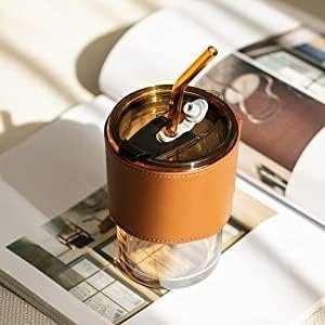 Leather Grip Coffee Cup Sipper Glass with Straw Grip,Glass Bottle Straw Glass Tumbler (430 ml)